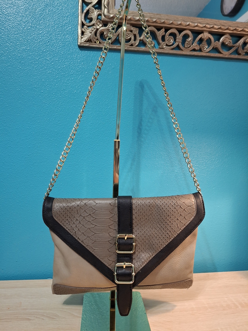 Steve Madden Taupe and Black Textured Envelope Crossbody with Gold Chain